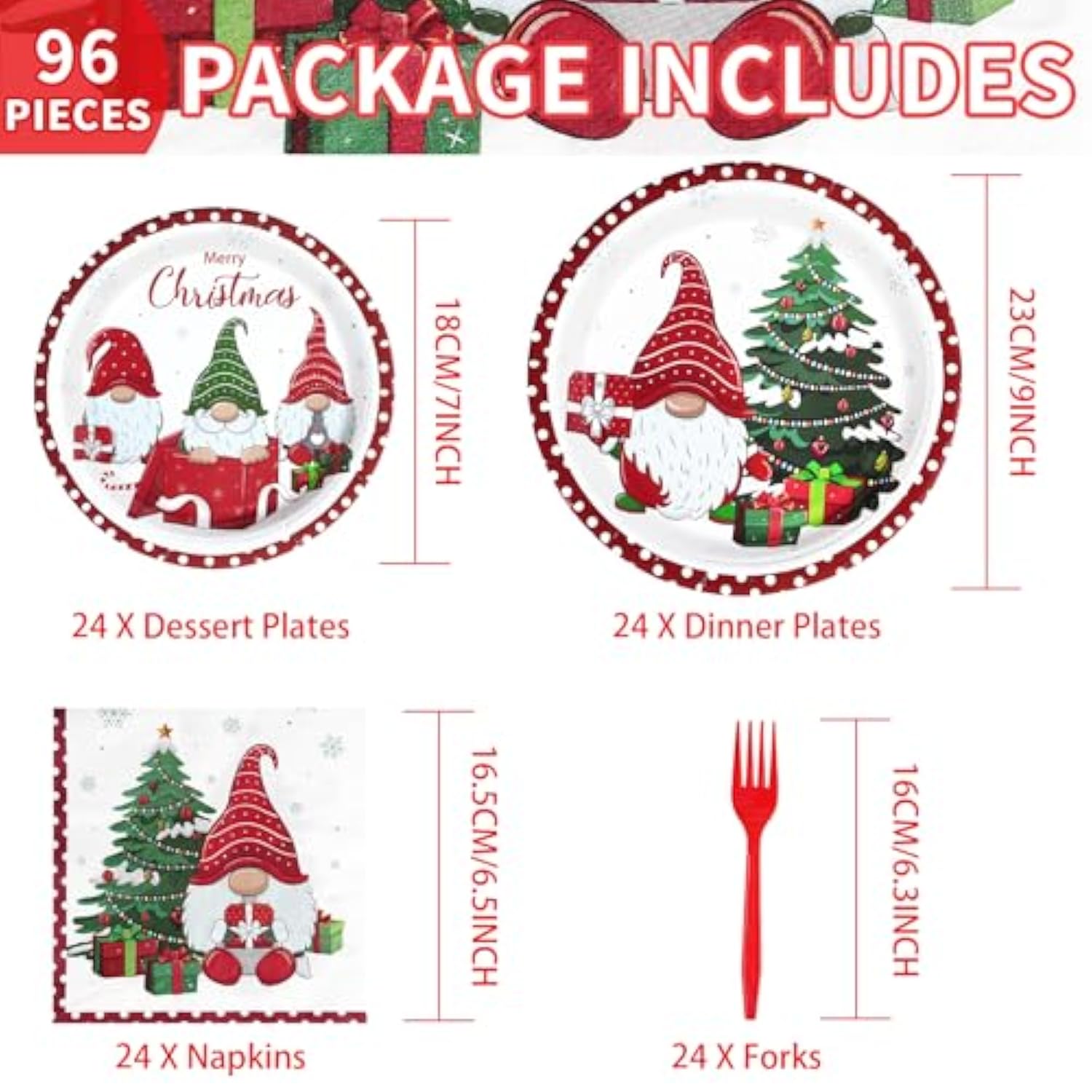 96Pcs Christmas Gnomes Party Supplies - 350 Gsm Disposable Tree Gnome Plates And Napkins Tableware Sets For Merry Birthday Party Decorations, Winter Holiday, Xmas - Serves 24