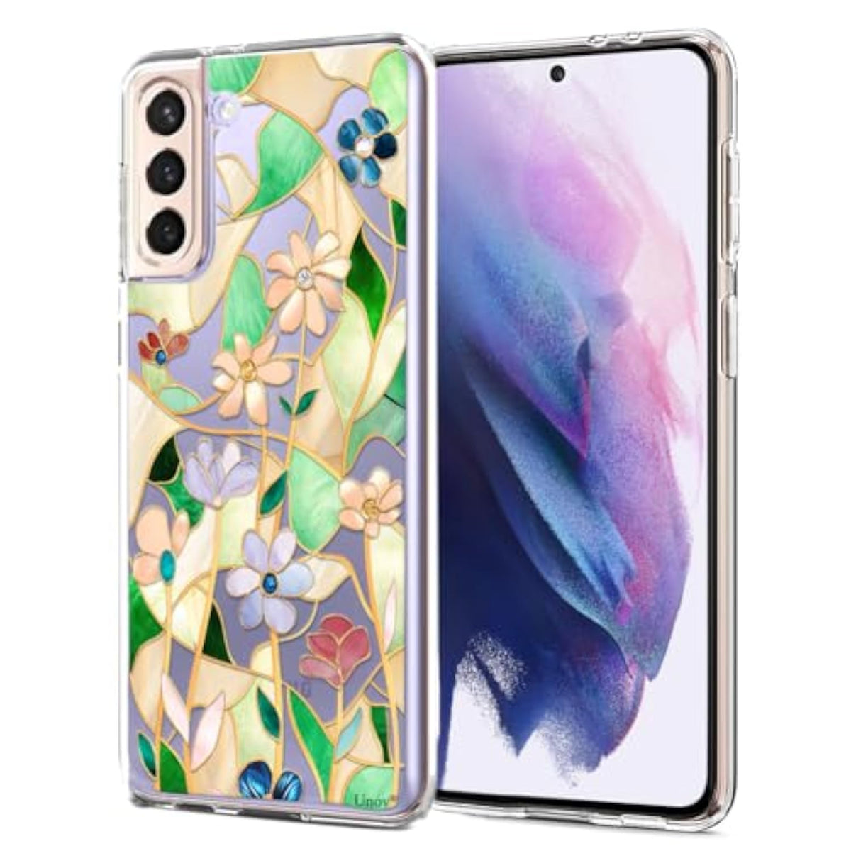Case Compatible With Galaxy S21 Case Clear With Design Soft Tpu Shock Absorption Slim Embossed Pattern Protective Back Cover (Stained Glass Flower)