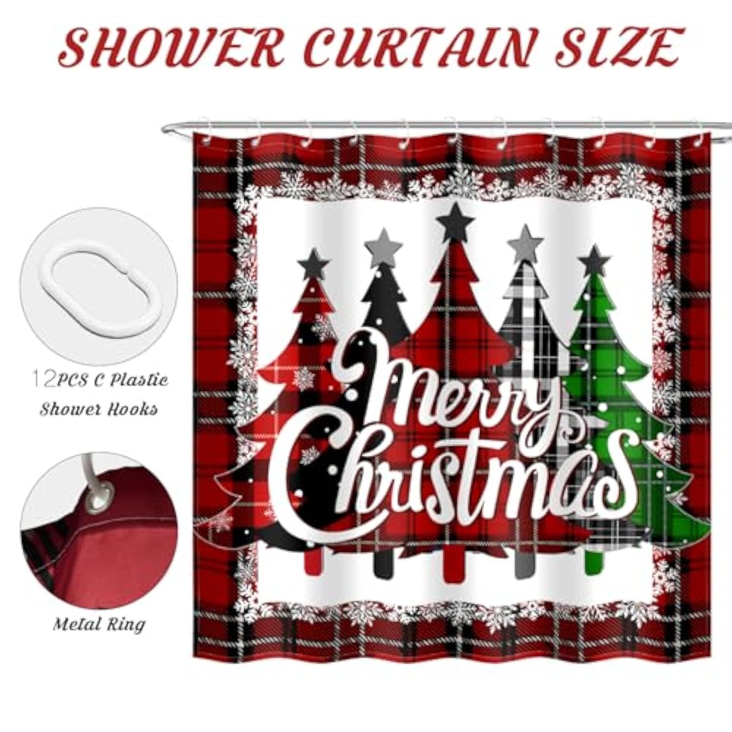 Christmas Shower Curtains For Bathroom,Red Buffalo Plaid Snowflakes Shower Curtain Winter Xmas Tree Merry Christmas Bathroom Decor With 12 Hooks Holiday Waterproof Fabric Shower Curtain 72X72 Inch