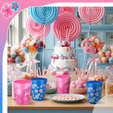 24 Pcs Cartoon Party Decoration Cups 16Oz Reusable Plastic Cups Cartoon Themed Birthday Party Favor Tumblers Bulk For Smoothie Juice Ice Coffee, Blue, Pink
