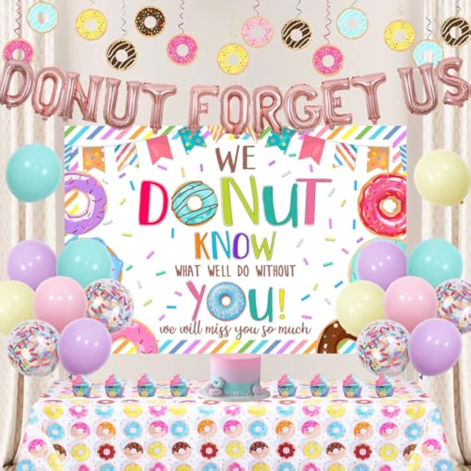 Donut Forget Us Party Decoration - Retirement Farewell Party Backdrop, Balloon Banner, Tablecloth, Hanging Swirl