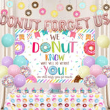 Donut Forget Us Party Decoration - Retirement Farewell Party Backdrop, Balloon Banner, Tablecloth, Hanging Swirl