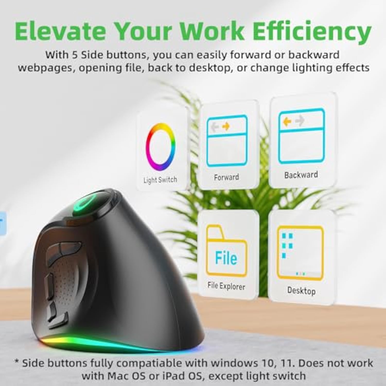 2.4G / Bt/Wired Tri-Mode Rgb Rechargeable G53 Wireless Vertical Ergonomic Mouse, 5 Side Buttons, Max 8400 Dpi, For Pc Computer Notebook Laptop, For Windows 11 10, Mac, Ipad Os, Android - Black
