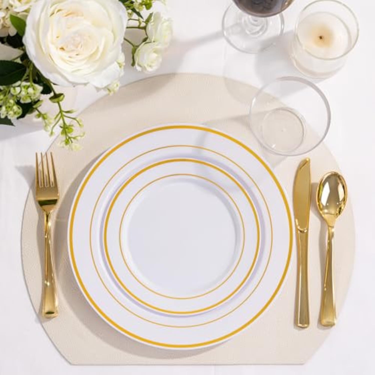 600 Pcs Gold & White Disposable Dinnerware Set For 100 Guests — White Plastic Plates With Gold Rim, Dinner & Salad Plates, Cups, Forks, Knives & Spoons For Weddings & Elegant Events