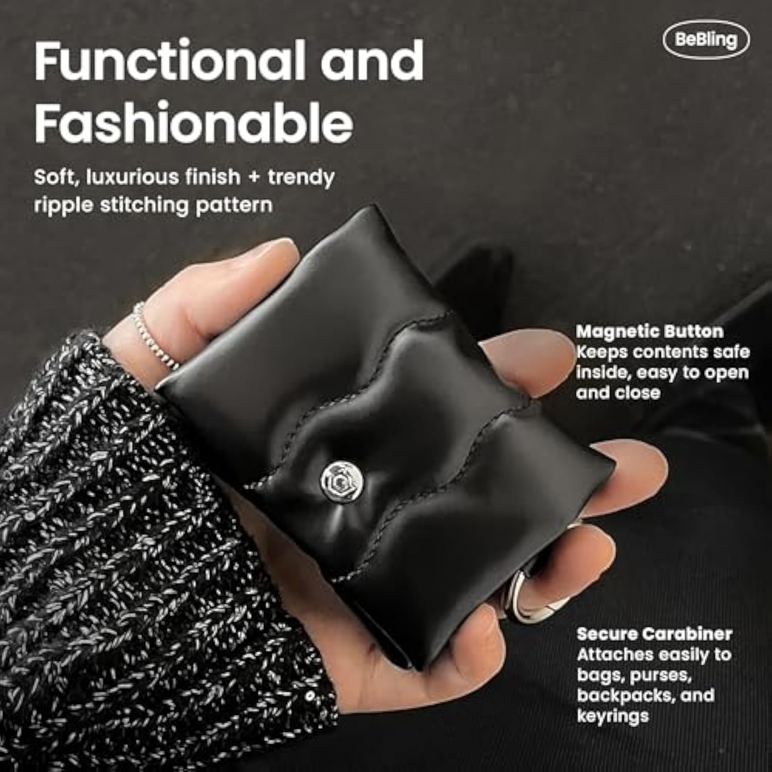 iFace BeBling Wave Soft Earbud Pouch [Vegan Leather, Water-Resistant Cushion Protection, Magnetic Closure,Carabiner Hook,Stylish Compact Case Compatible with AirPods 1/2/3/4,Pro1/2&Galaxy Buds]-Silver