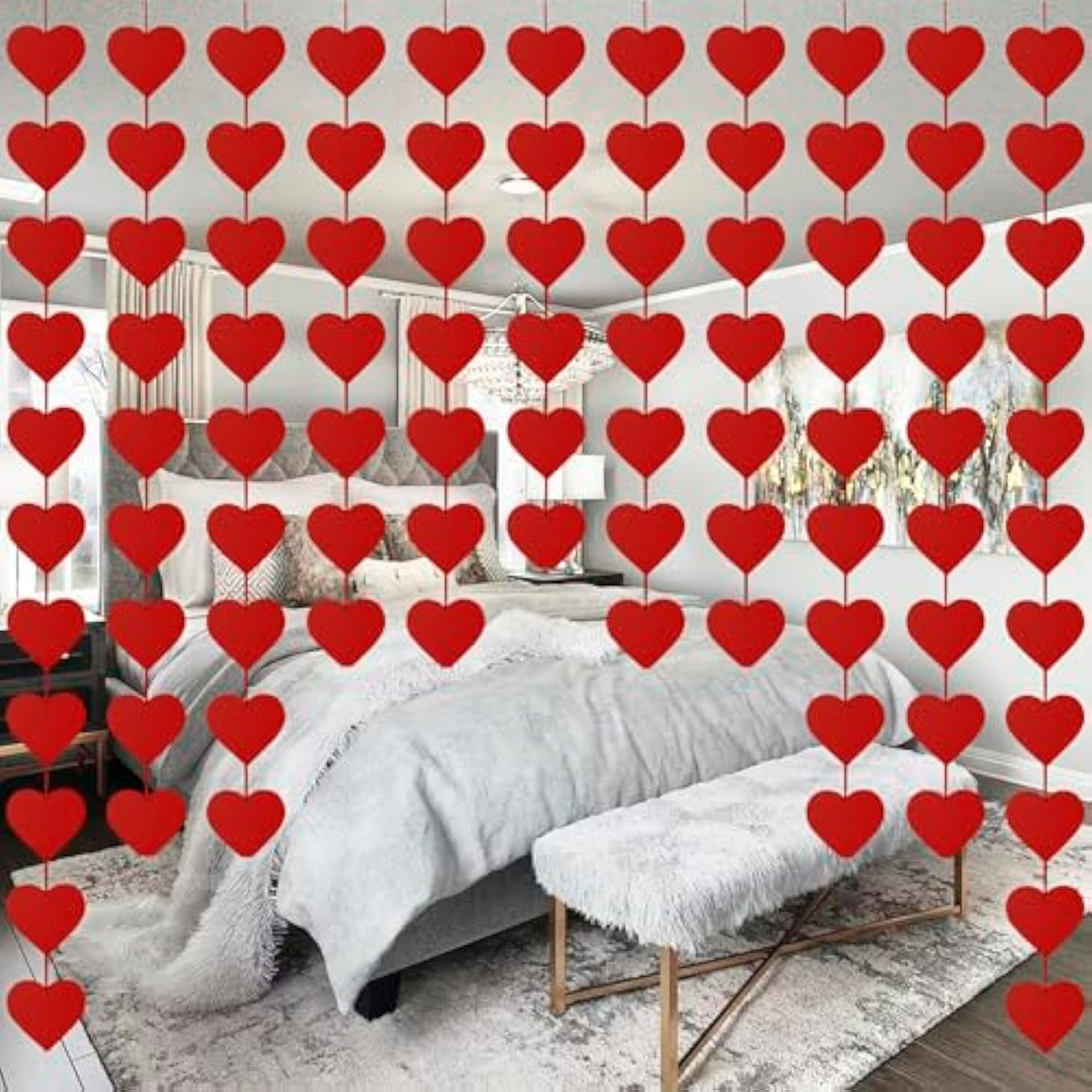 Valentines Day Decor - 84-Piece Red Felt Heart Garland Hanging String
