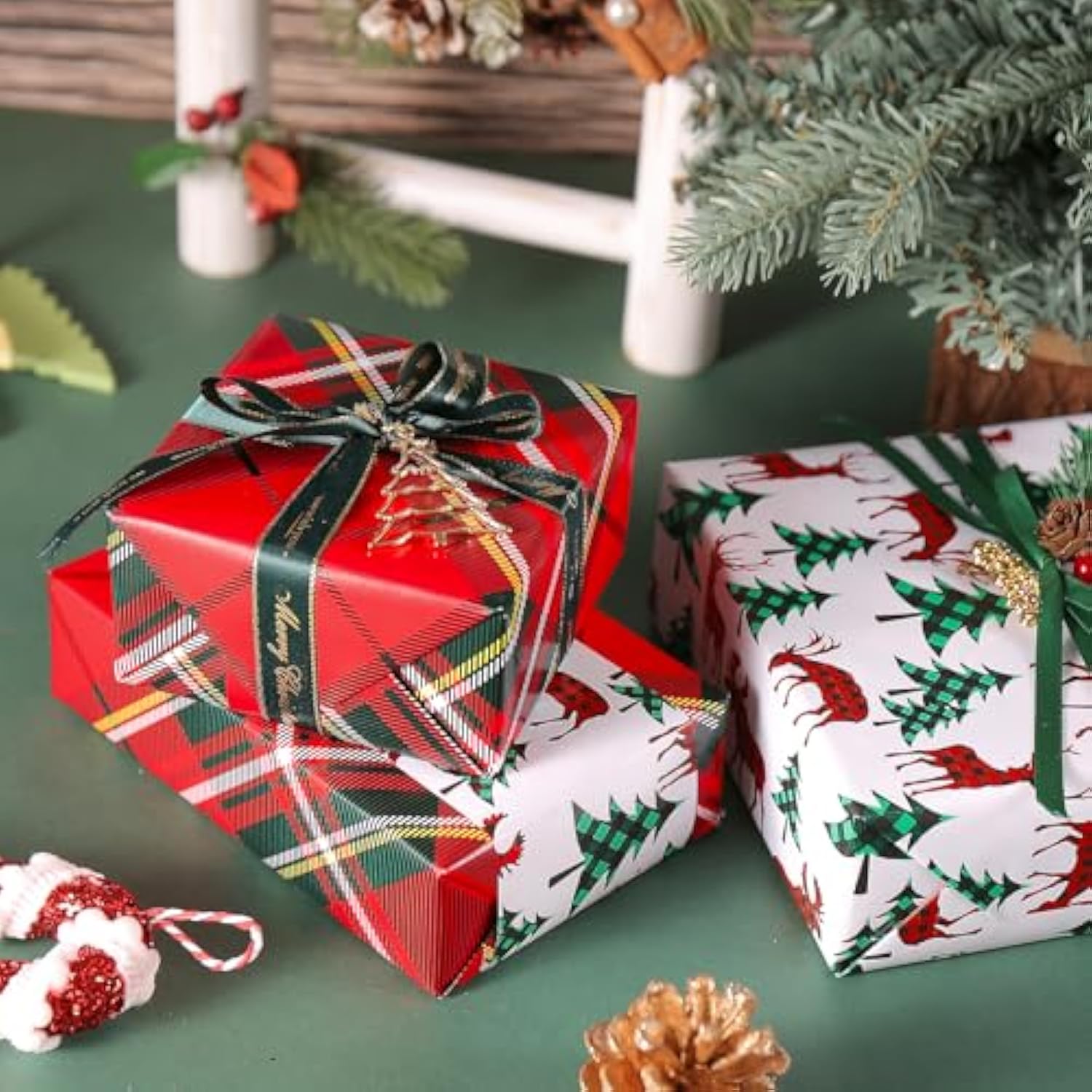 Christmas Reversible Wrapping Paper Roll, Mini Roll, Classic Red Green Tartan Plaid Design And Cute Reindeer With Christmas Tree Pattern Gift Wrap For Holiday Gifts, 17 Inches X 32.8 Feet