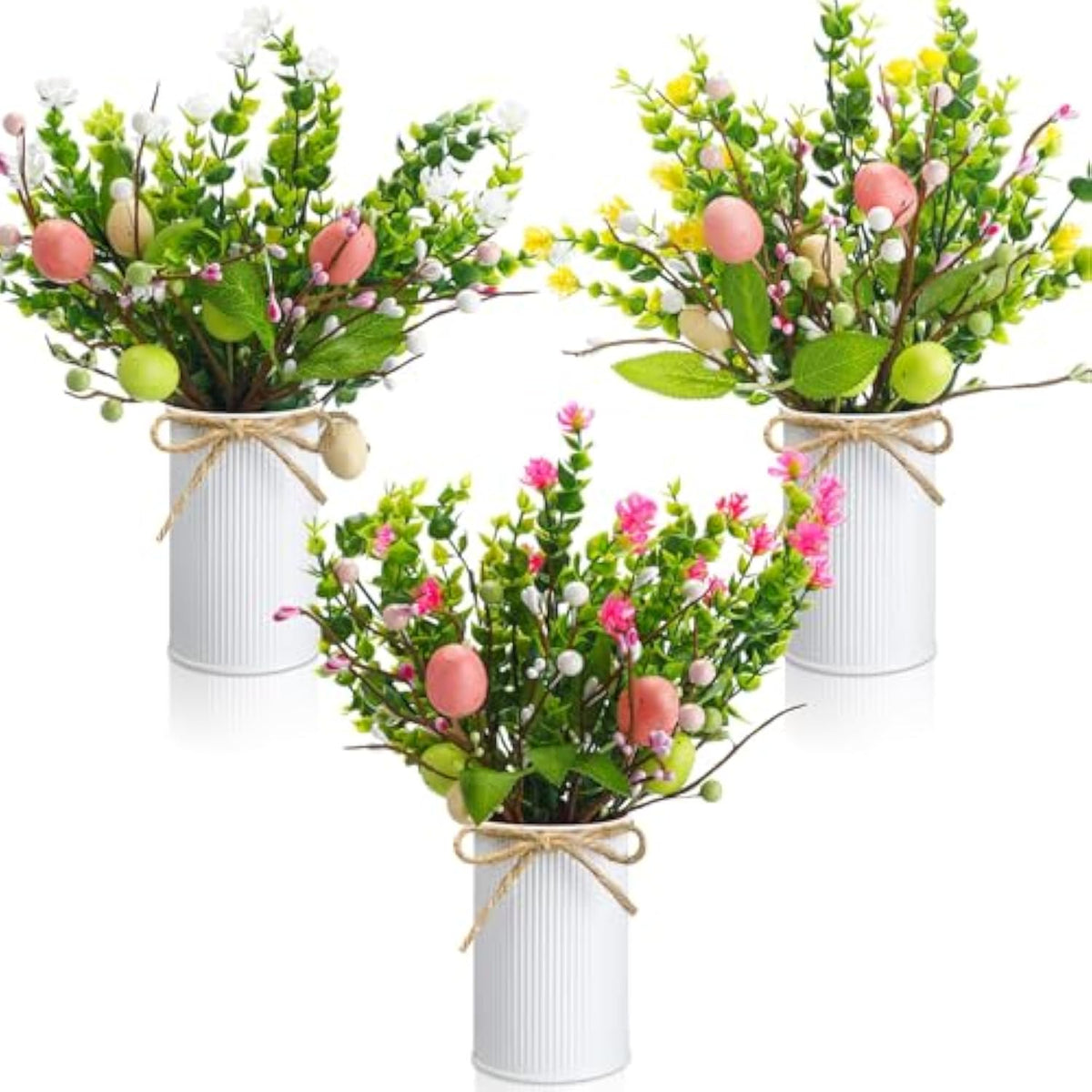 3 Set Easter Table Centerpiece Artificial Egg Picks With Metal Pots Easter Sprays With Eggs Berries Eucalyptus Flowers Plants For Spring Home Decor(White)