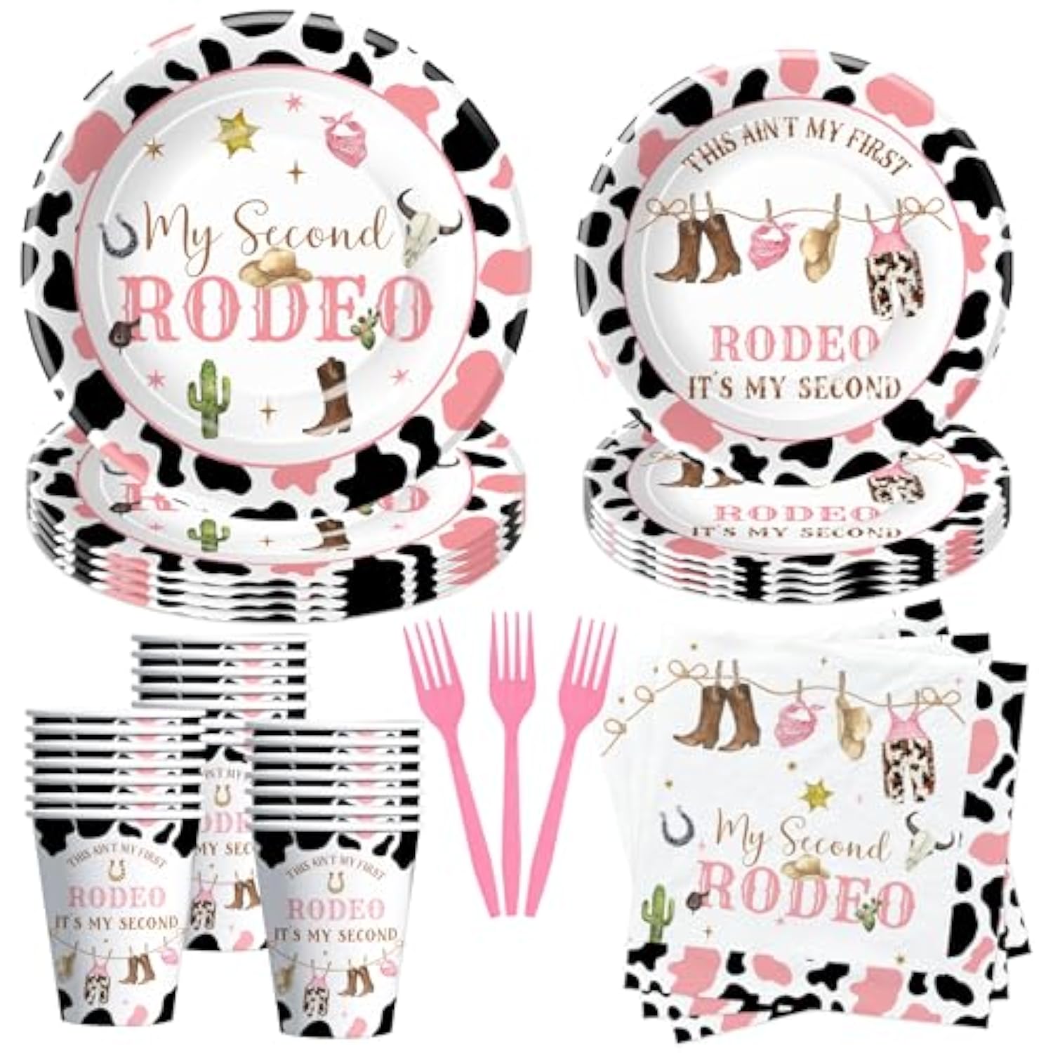Western Cowgirl 2Nd Birthday Party Supplies, Wild West My Second Rodeo Birthday Decorations Tableware Girl, Paper Plate, Cup, Napkin, Fork | Serve 24