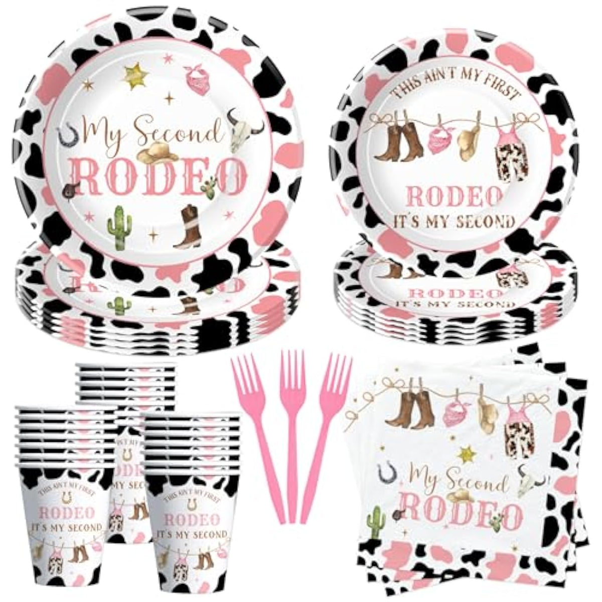 Western Cowgirl 2Nd Birthday Party Supplies, Wild West My Second Rodeo Birthday Decorations Tableware Girl, Paper Plate, Cup, Napkin, Fork | Serve 24