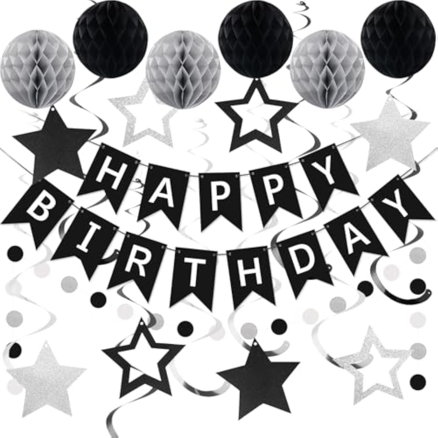 Black & Silver Birthday Decorations Banner, Swirls, Honeycomb Balls and Garland for All Ages