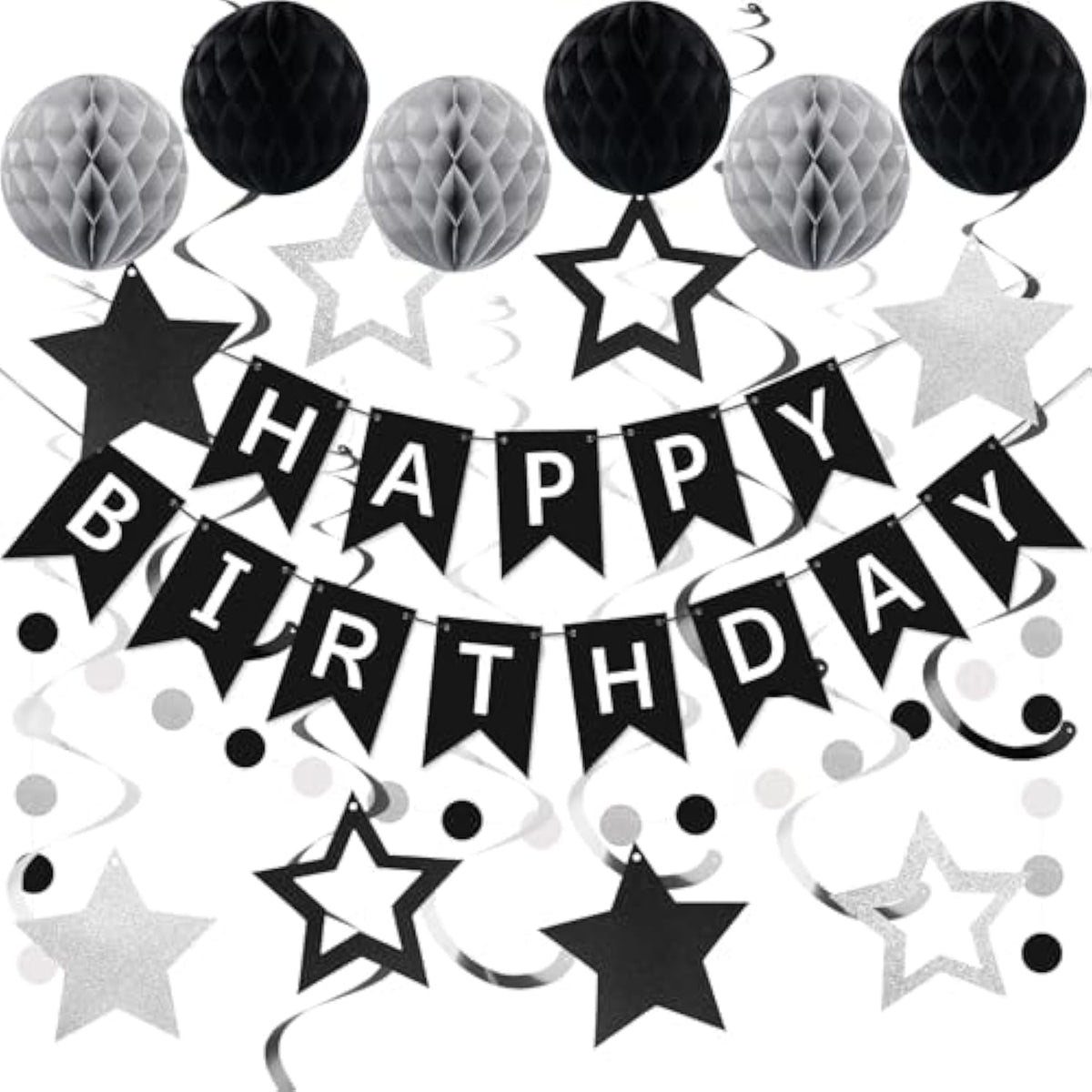 Black & Silver Birthday Decorations Banner, Swirls, Honeycomb Balls and Garland for All Ages