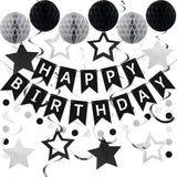Black & Silver Birthday Decorations Banner, Swirls, Honeycomb Balls and Garland for All Ages