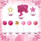 36pcs Hot Pink Cake Toppers — Pink & Gold Balls with Shiny Stars for Parties