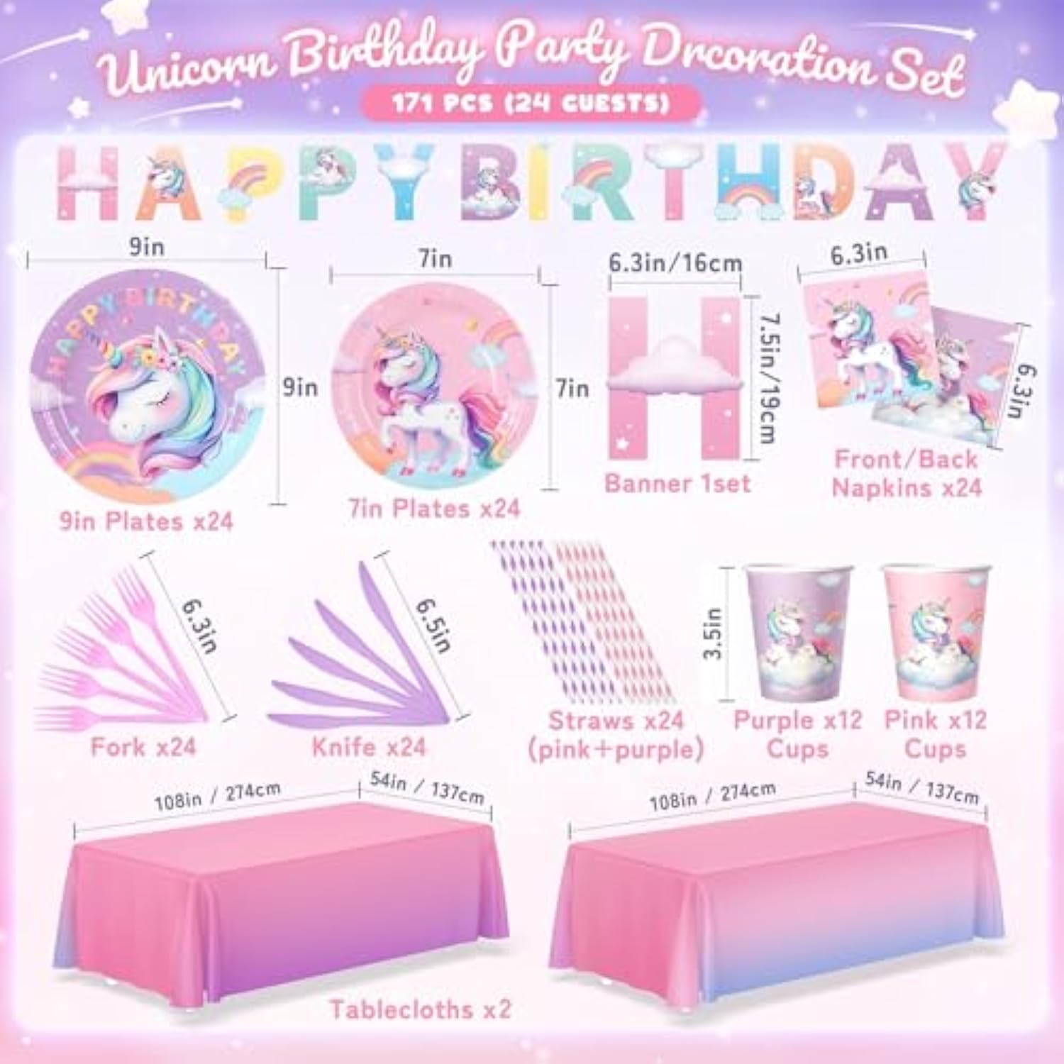 171Pcs Unicorn Birthday Party Decorations With Unicorn Rainbow Banner And Tablecloth, Birthday Party Supplies With Plates Cups Napkins Straws Cutlery, Pink Purple Disposable Tableware For 24 Guests