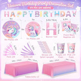 171Pcs Unicorn Birthday Party Decorations With Unicorn Rainbow Banner And Tablecloth, Birthday Party Supplies With Plates Cups Napkins Straws Cutlery, Pink Purple Disposable Tableware For 24 Guests