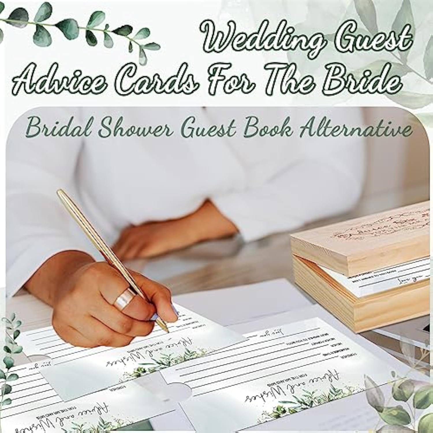 120 Pcs Advice And Wishes For The Mr And Mrs, Greenery Bridal Shower Advice Cards, Wedding Advice Cards For Bride And Groom Wood Box, Bridal Shower Games And Decorations