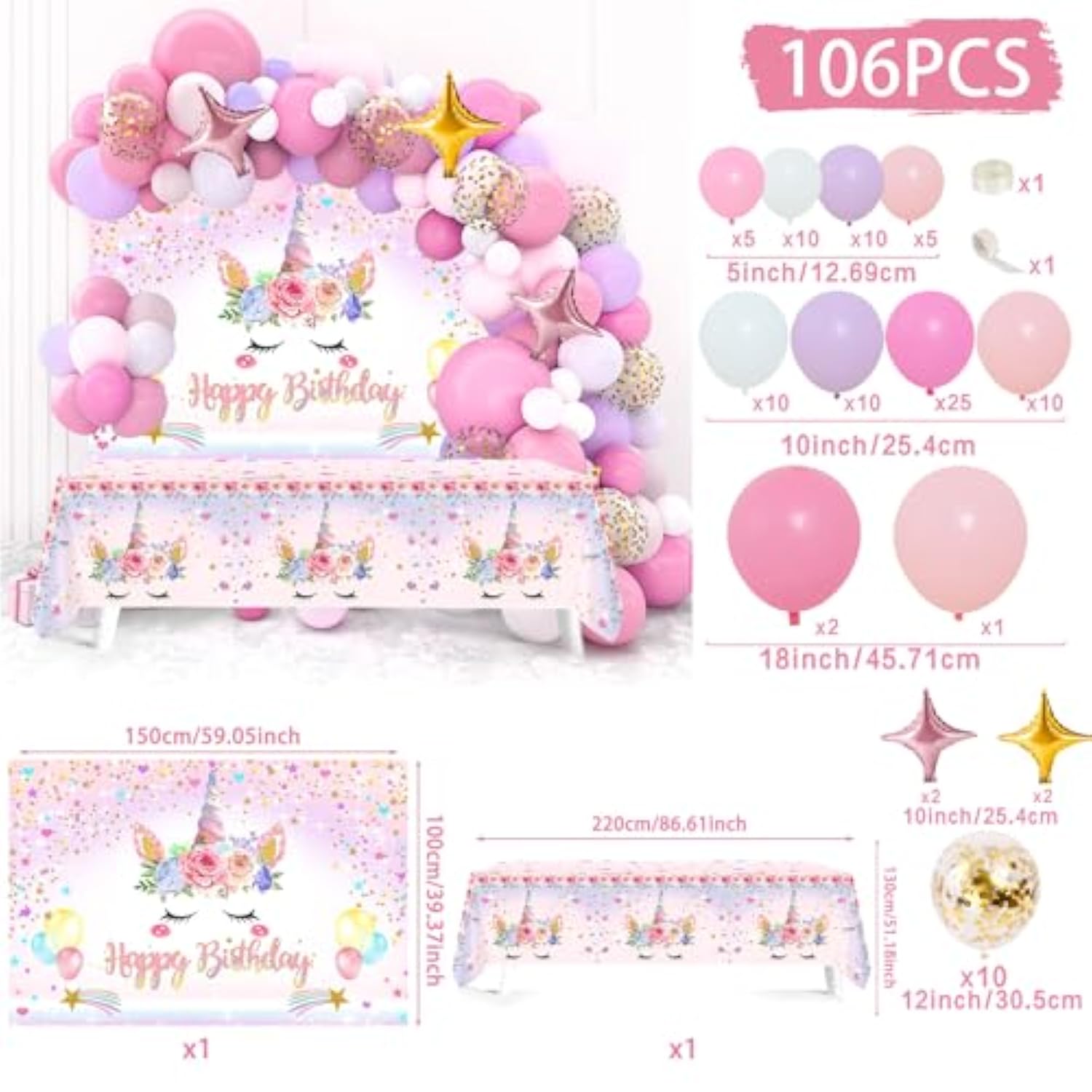 118Pcs Pink Unicorn Party Kit with Balloons, Backdrop & Tablecloth for Girls' Birthdays