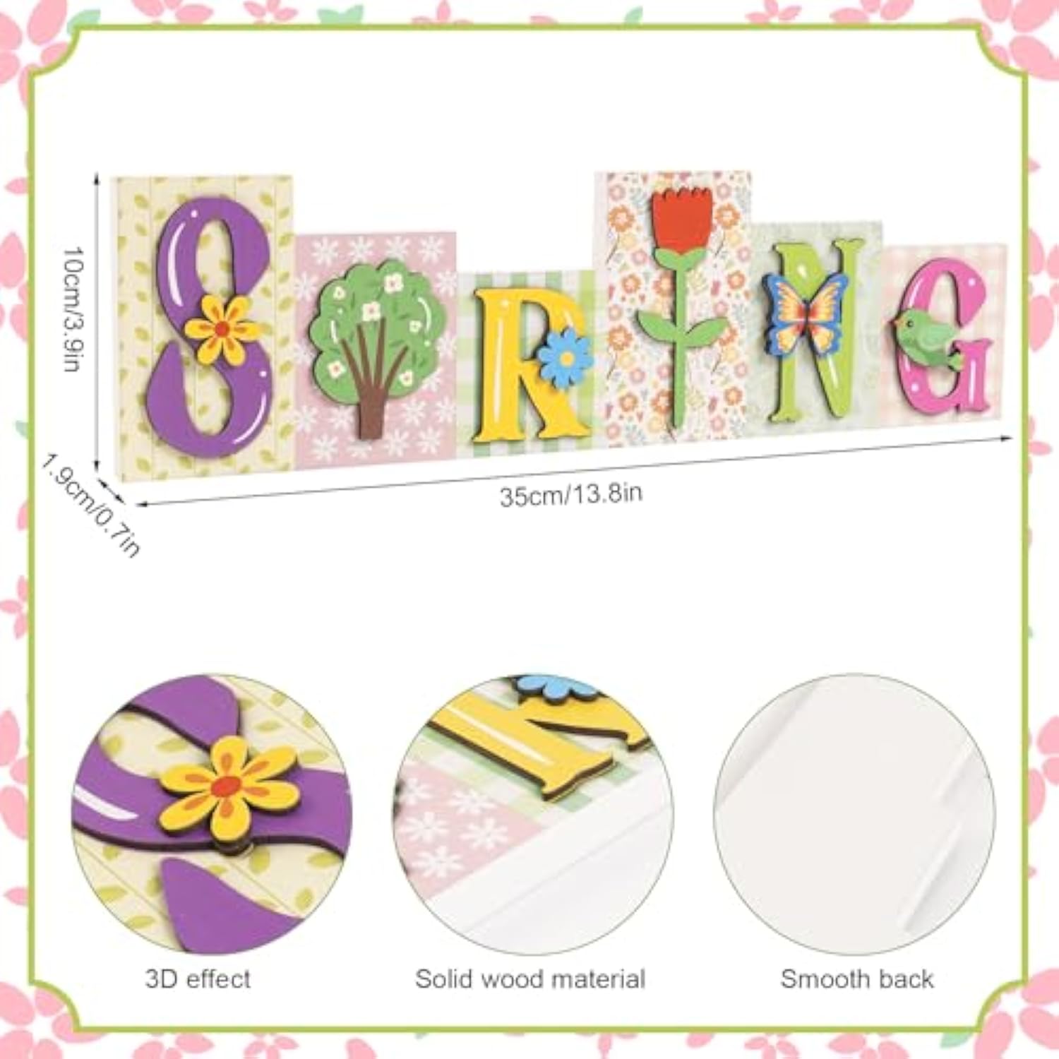 3D Green Wooden Spring Sign, 13.8×3.9Inch Standing Spring Flower Tree Decorative Signage Indoor Table Centerpiece Decor, Seasonal March Tabletop Shelf Mantel Office Desk Decorations For Home