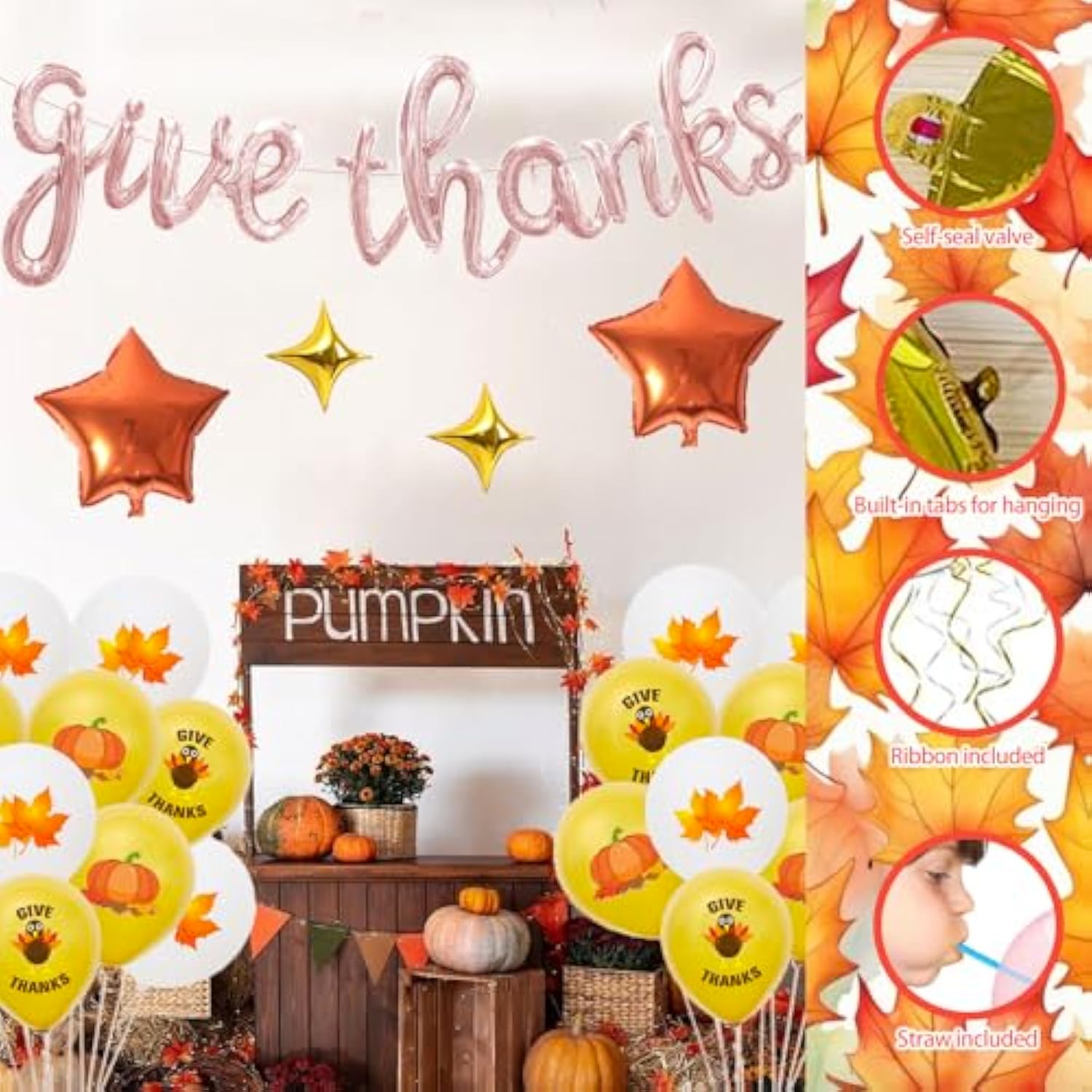 Thanksgiving Balloon Set: Rose Gold Script, Pumpkin & Turkey Decor (45 Pcs)