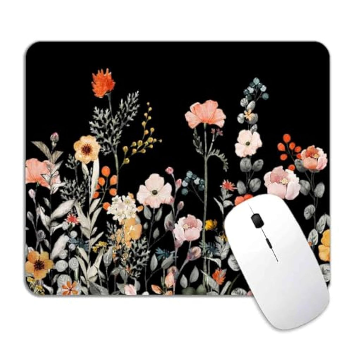 Garden Blooming Flowers Mouse Pad, Colourful Wildflowers Floral Mouse Mat With Waterproof Anti Slip Rubber Mousepad For Desktops, Computers, 9.5 X 7.9 Inch, Blcak