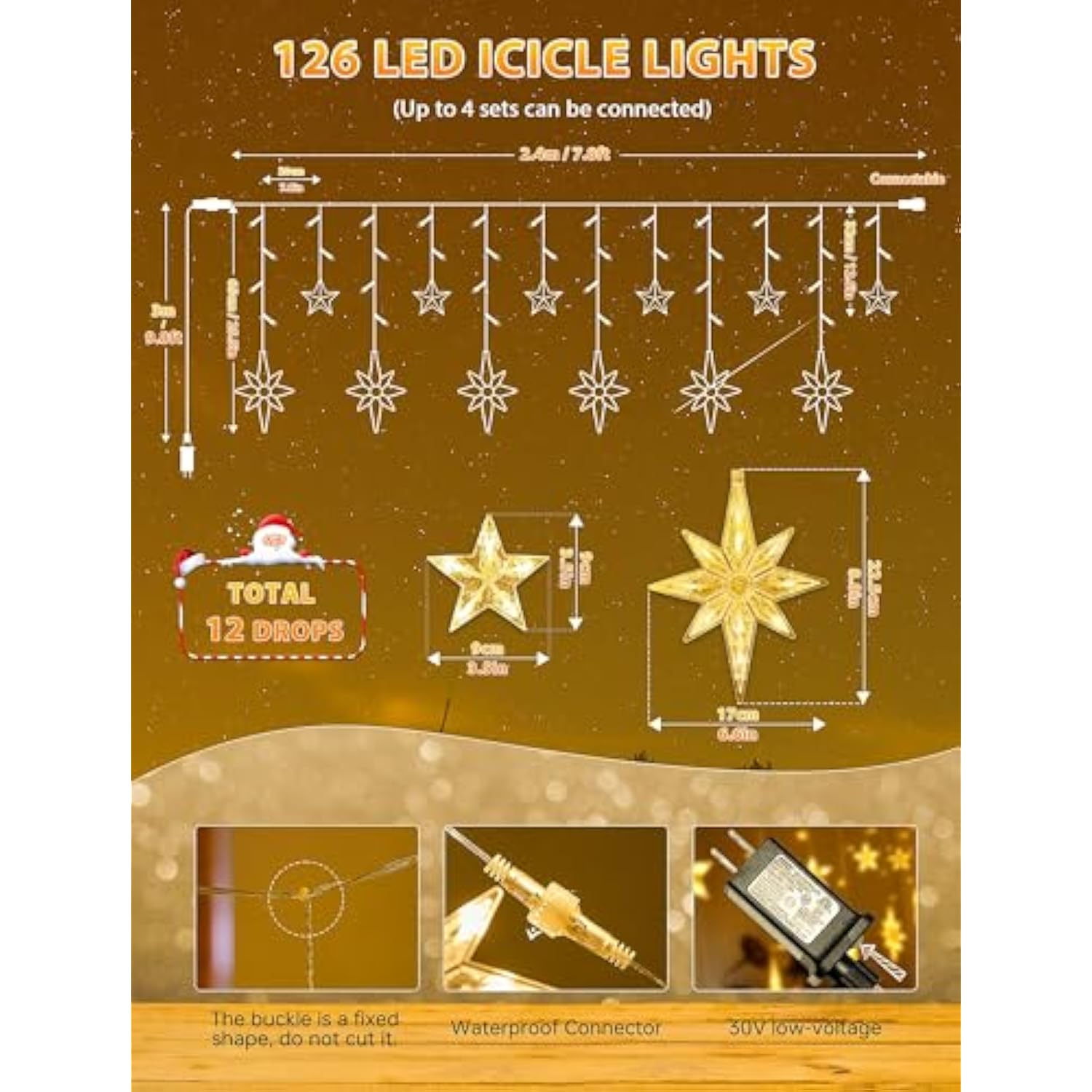 126 Led Star Icicle Lights,7.8Ft Connectable Window Curtain Lights Plug In,8 Lighting Modes Timer Bethlehem Star Christm