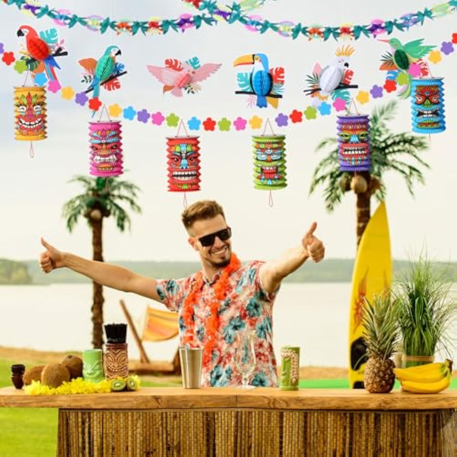 Luau Party Decorations Set Hawaiian Tropical Hibiscus Garland Tiki And Flowers Lanterns Banners Tropical Birds Honeycomb For Hawaiian Summer Birthday Beach Theme Party Supplies Jungle Decor