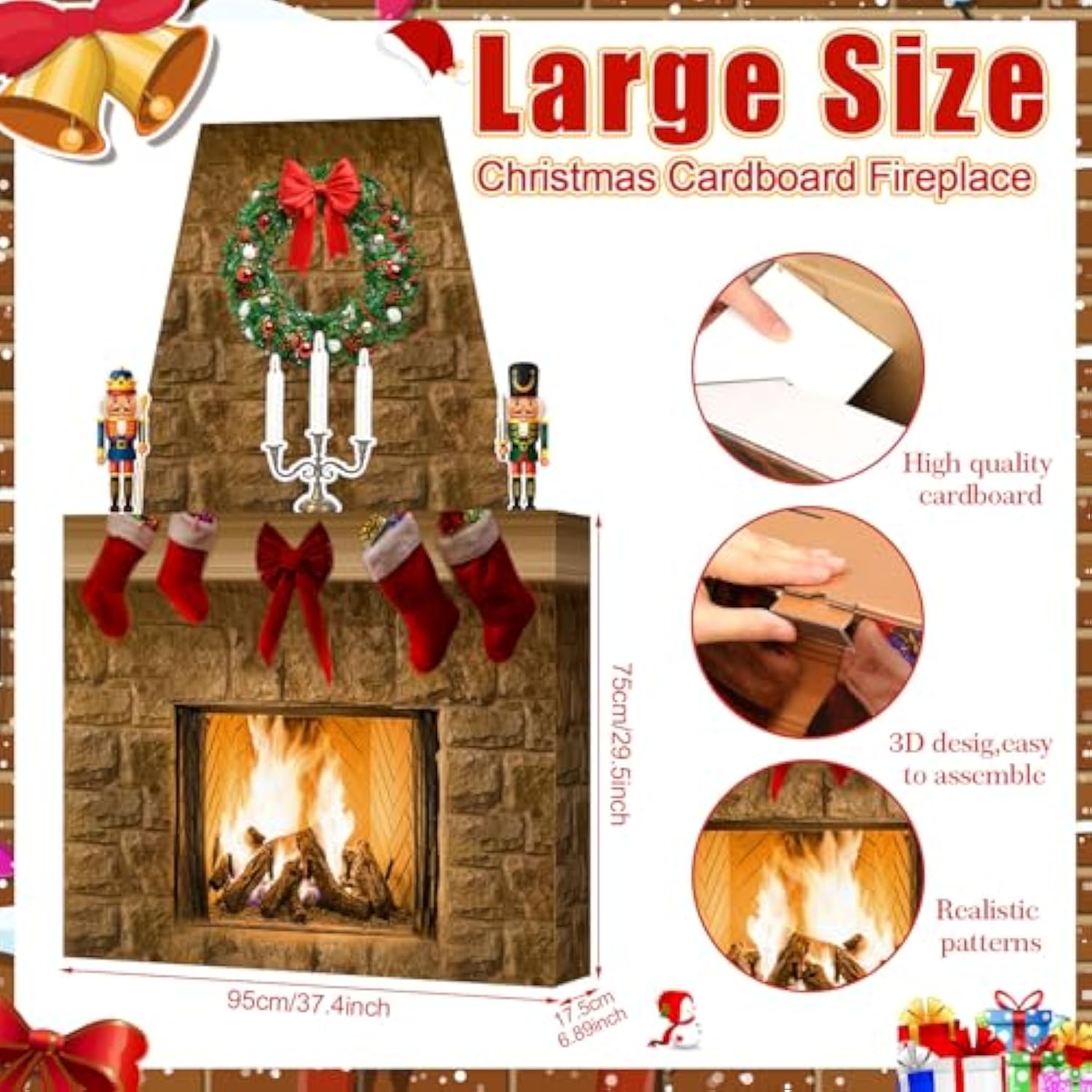 Cardboard Fireplace For Christmas Large Cardboard Fireplace Prop 3D Fake Centerpiece With Faux Chimney For Christmas Party Background Decor, 38 X 30 X 7 Inches(Farmhouse,Brown)