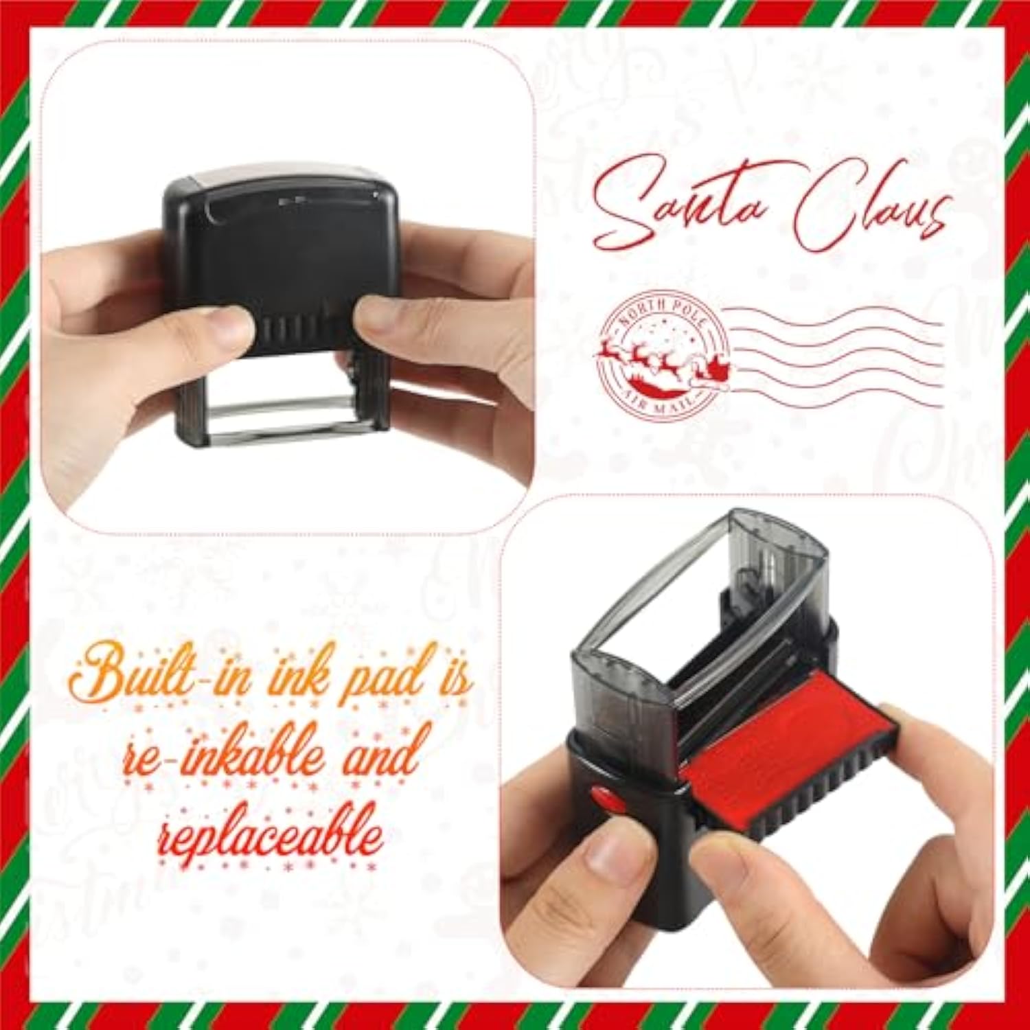4 Pcs Santa Claus Signature Stamp North Pole Reindeer Self Inking Rubber Stamp With Ink, Christmas Gift Tag For Kids Adults Office School Home Party(Red)
