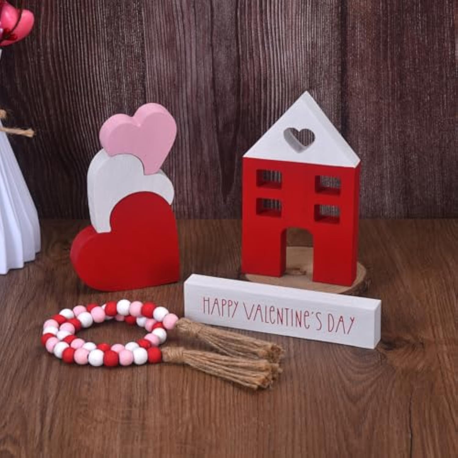 6-Piece Wooden Valentine'S Day Decor Set: Heart & House Table Decorations With Wood Bead Garland, Happy Valentine'S Day Decor For The Home Mantels (White, Pink, Red)