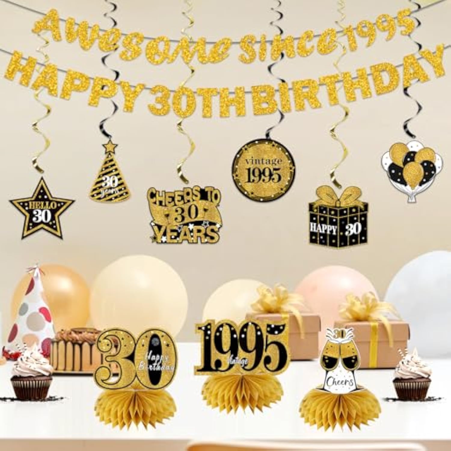 11-Pc Black & Gold 30th Birthday Décor Kit with Banners & Centerpieces