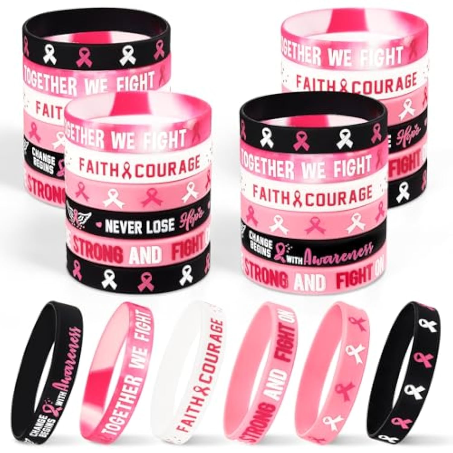 30 Pcs Breast Cancer Awareness Silicone Bracelets With Pink Ribbon, Hope Faith Strength Courage Rubber Wristbands Gifts For Women Girls Party Favors Supplies