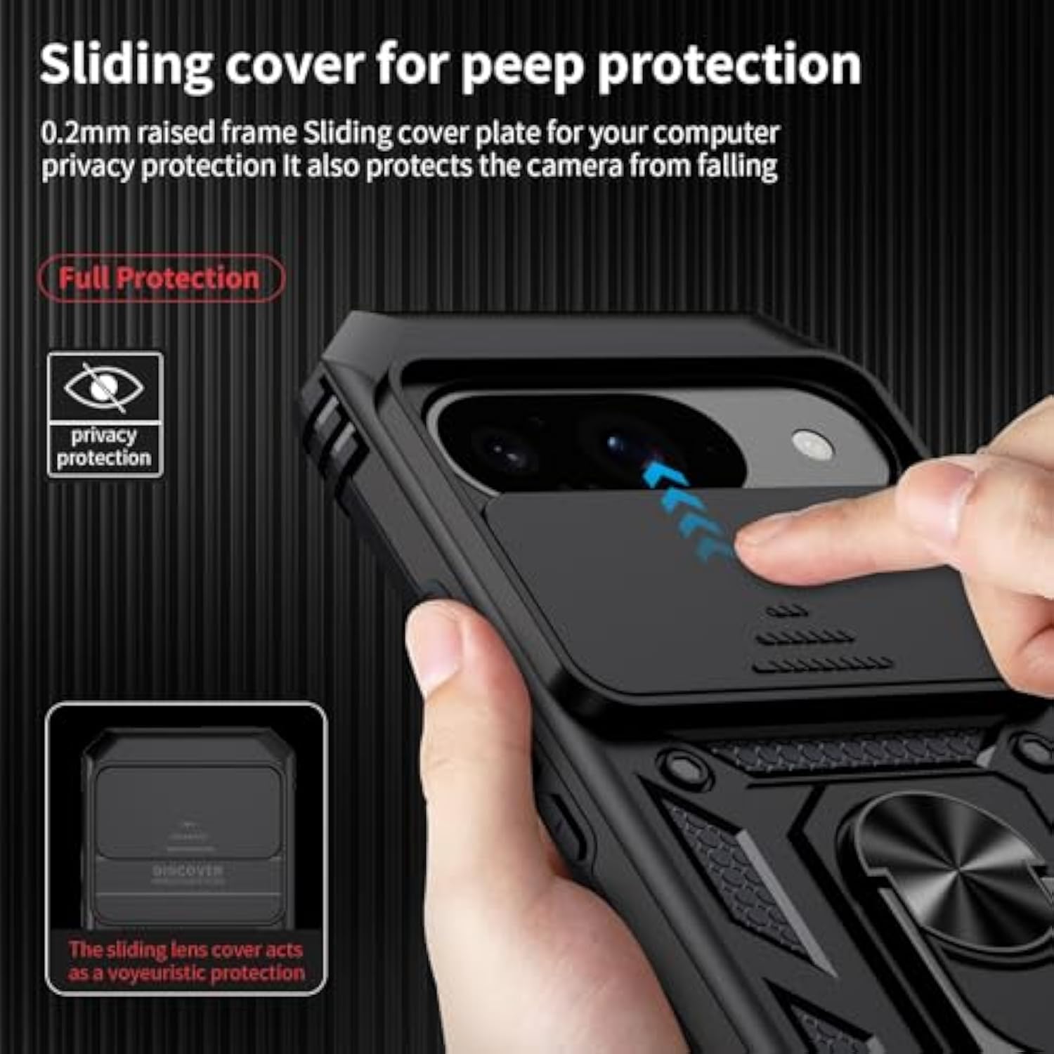 For Google Pixel 9 Case, Pixel 9 Pro Case, Slide Lens Cover, Hd Screen Protector, Grade Drop Protection, Magnetic Rotated Ring Holder Kickstand Protective Phone Case (Black)