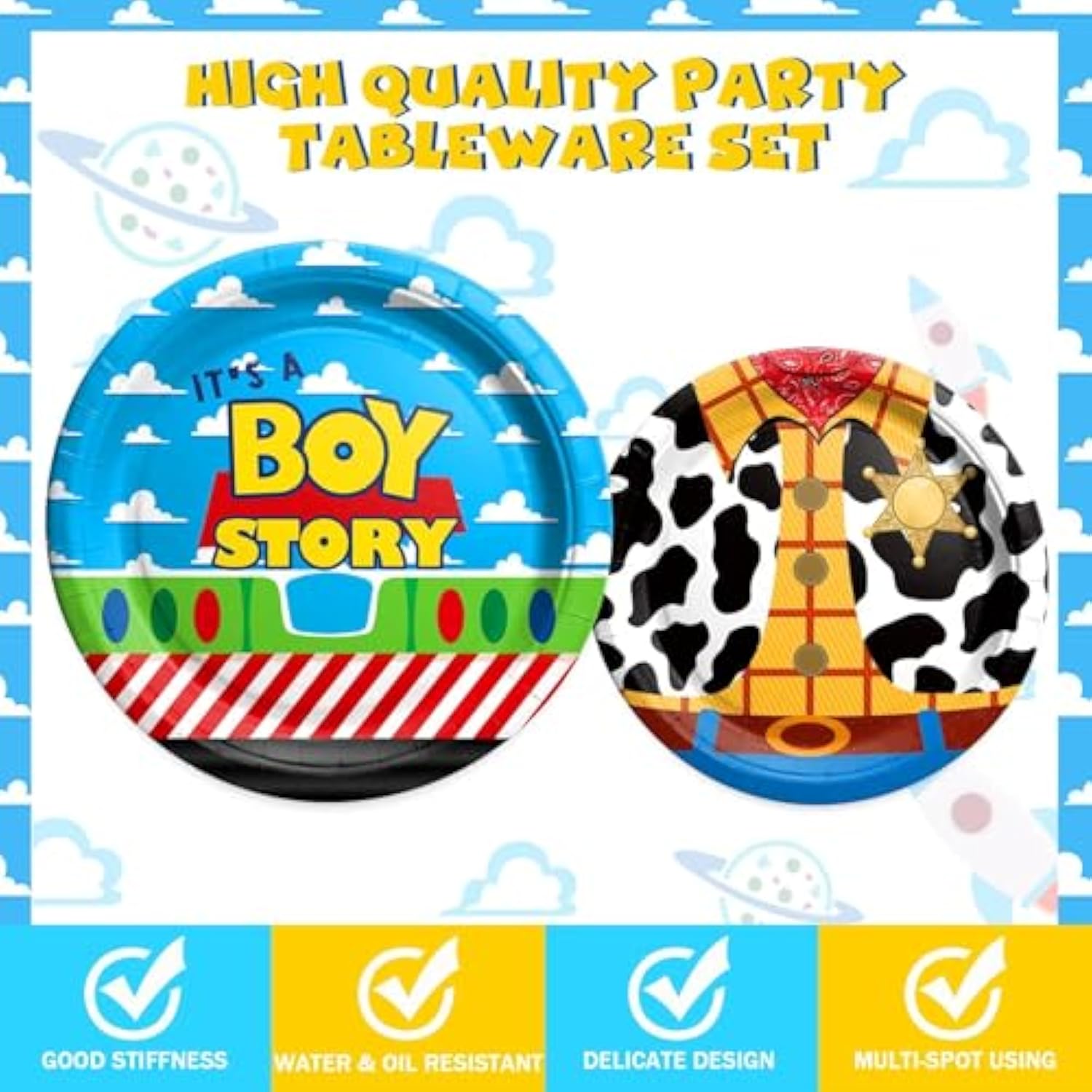 Cartoon Toy Baby Shower Supplies Tableware Set, Baby Shower Decorations Boy, Blue Toy Theme Inspired Story It'S A Boy Story Decorations, Plates, Napkins, Forks, Serves 24 Guests