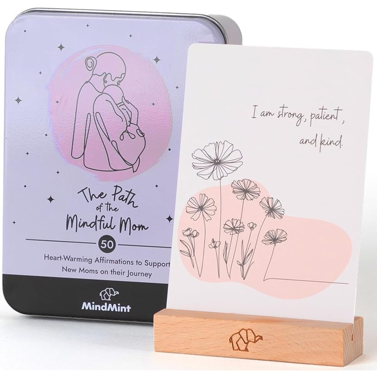New Mom Affirmation Cards - 50 Postpartum Affirmation Cards For Women - Pregnancy & Self-Care Gifts For New Mom After Birth In Tin Box With Wooden Stand