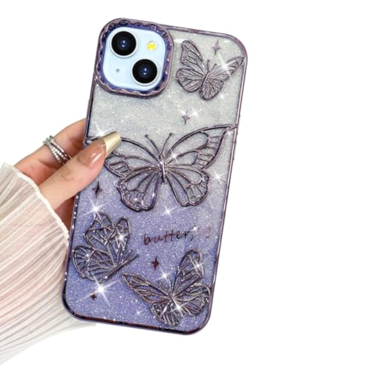 Designed For Iphone 15, Cute 3D Butterfly Case Slim Plating Glitter Bling Luxury Cover For Women Girls Protective Camera Protection Bumper 6.1" Purple