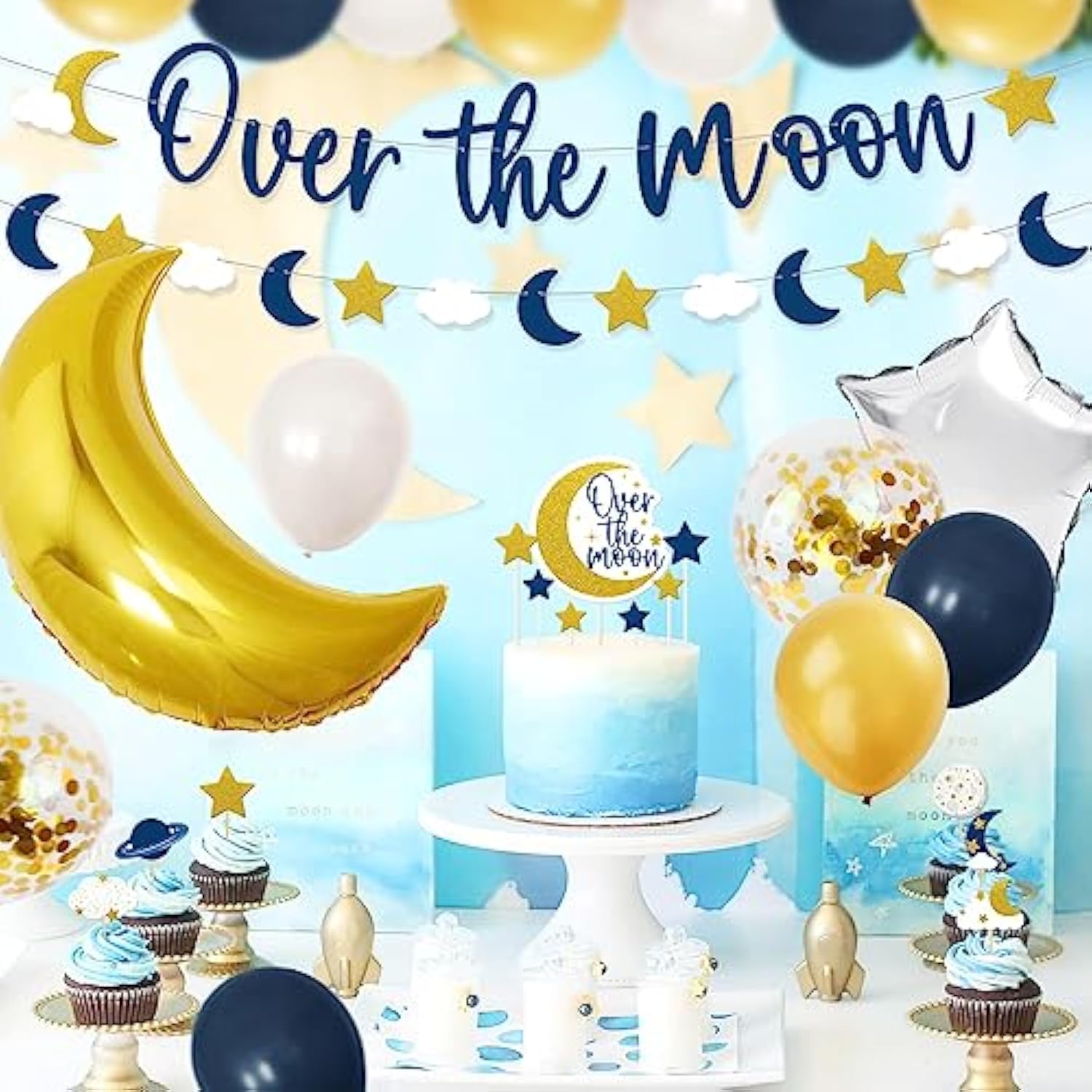 Over The Moon Baby Shower Decorations Space Party Banner Moon Star Cake Cupcake Toppers Navy Blue Gold Balloons For Twinkle Twinkle Little Star Outer Space First Birthday Supplies