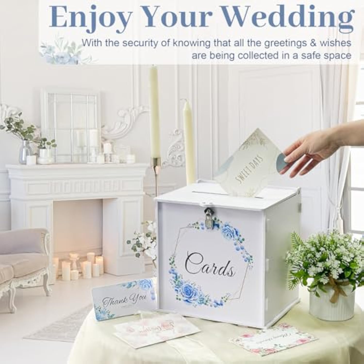 White Wedding Card Box With Lock, Pvc Gift Card Box With Blue Wreath, Wedding Decorations For Reception Envelop Money Gift Boxes For Graduation Birthday Bridal Baby Shower Decor