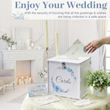 White Wedding Card Box With Lock, Pvc Gift Card Box With Blue Wreath, Wedding Decorations For Reception Envelop Money Gift Boxes For Graduation Birthday Bridal Baby Shower Decor