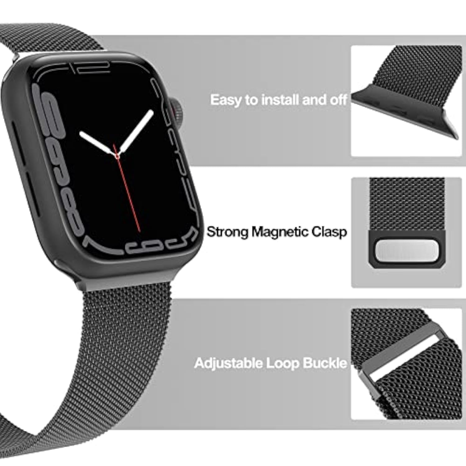 Compatible With Apple Watch Band 44Mm 45Mm 46Mm 49Mm,Stainless Steel Mesh Loop Magnetic Clasp For Iwatch Ultra Series 10 9 8 Se 7 6 5 4 3 2 1Women Men -49/46/45/44Mm Black