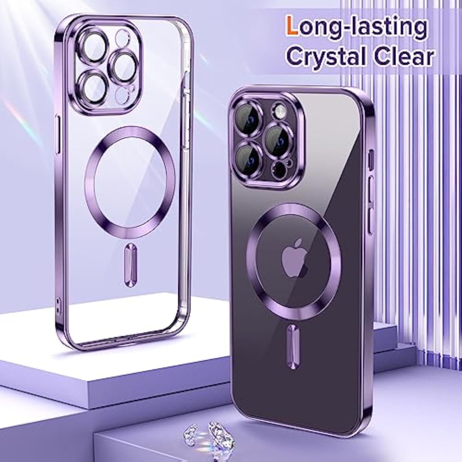 Luxury Clear Magnetic Case for iPhone 14 Pro with Camera Lens Protector, Compatible with MagSafe, Deep Purple, 6.1"