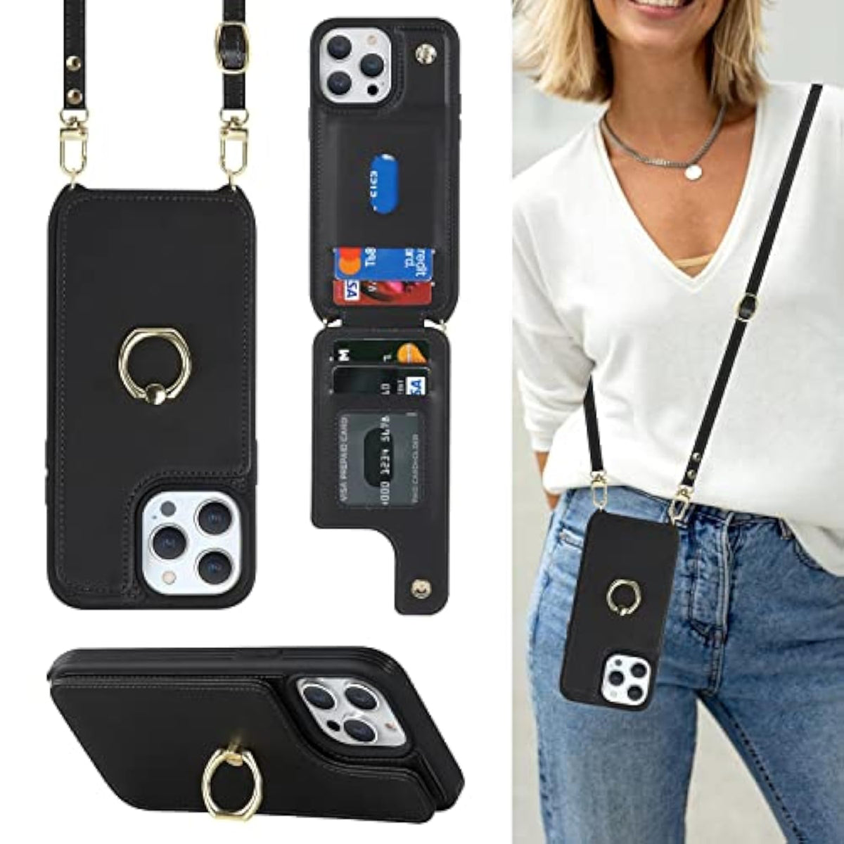 For Iphone 14 Pro Max Case With Card Holder For Women,Phone Case With Strap,Crossbody Lanyard,Ring Stand,Snap Clasp,Cute Wallet Cases 6.7" (Black)
