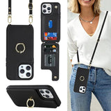 For Iphone 14 Pro Max Case With Card Holder For Women,Phone Case With Strap,Crossbody Lanyard,Ring Stand,Snap Clasp,Cute Wallet Cases 6.7" (Black)