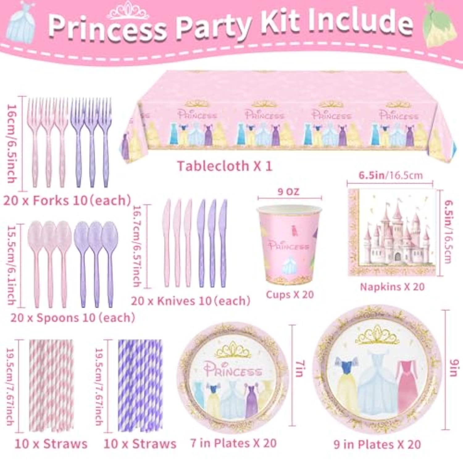 Magical Princess Party Decorations Kit Serves 20 Guests - 161Pc Pink Princess Theme Plates, Cutlery, Cups & Shimmer Tablecloths For Birthdays, Baby Showers & Celebrations! Instant Kids ’Party Setup