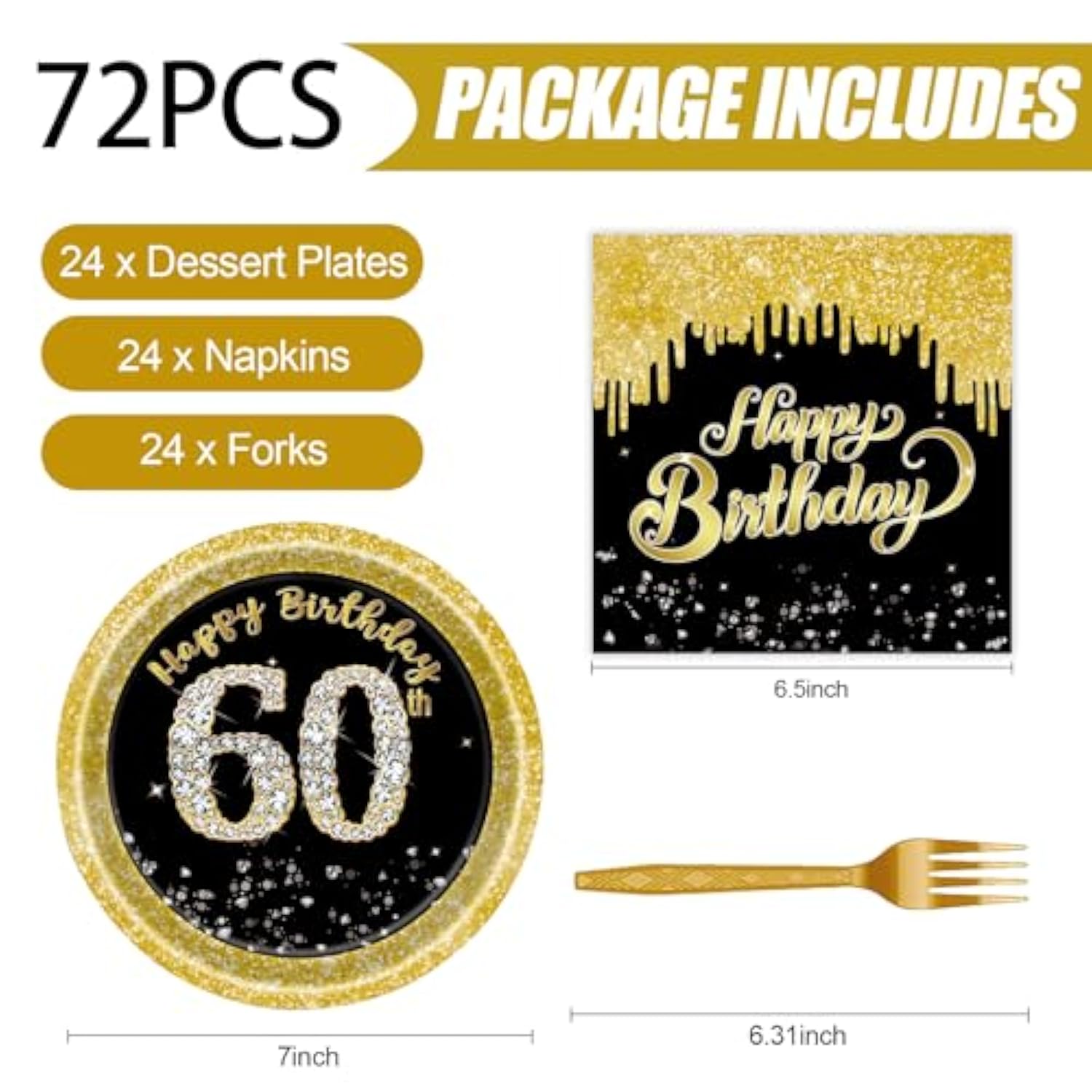 72-Piece 60th Birthday Party Set - Black & Gold Plates, Napkins for 24 Guests