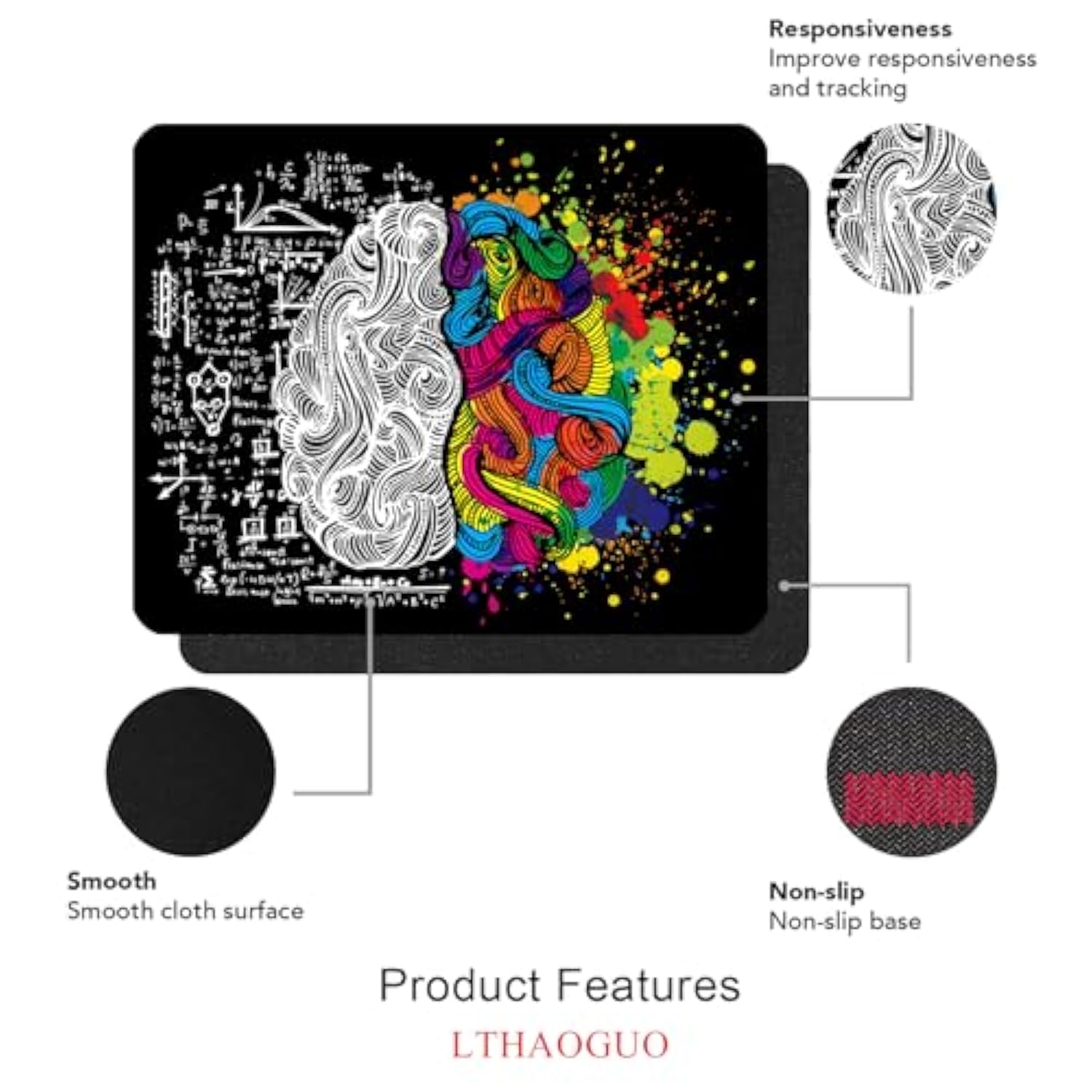 Left & Right Brain Mouse Pad, Textured Business Doodle Mousepad With Designs, Non-Slip Rubber Mice Pad For Office Work Office Computer& Pc, Mouse Mat, The Best Gift, 9.5 X 7.9 Inch, Black