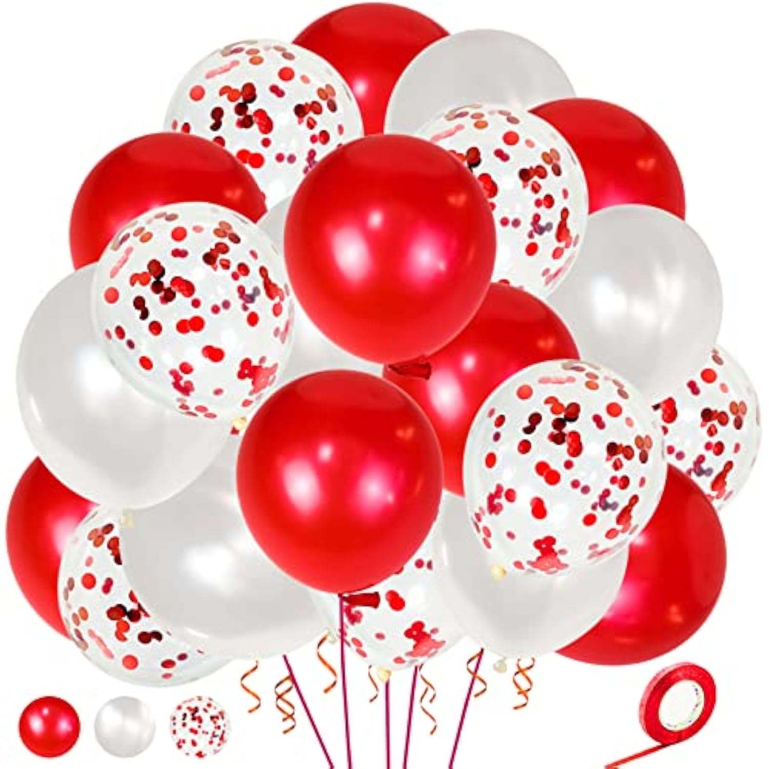 50Pcs Pearl Red & White Latex Balloon 12 Inch with Red Confetti for Party Decor