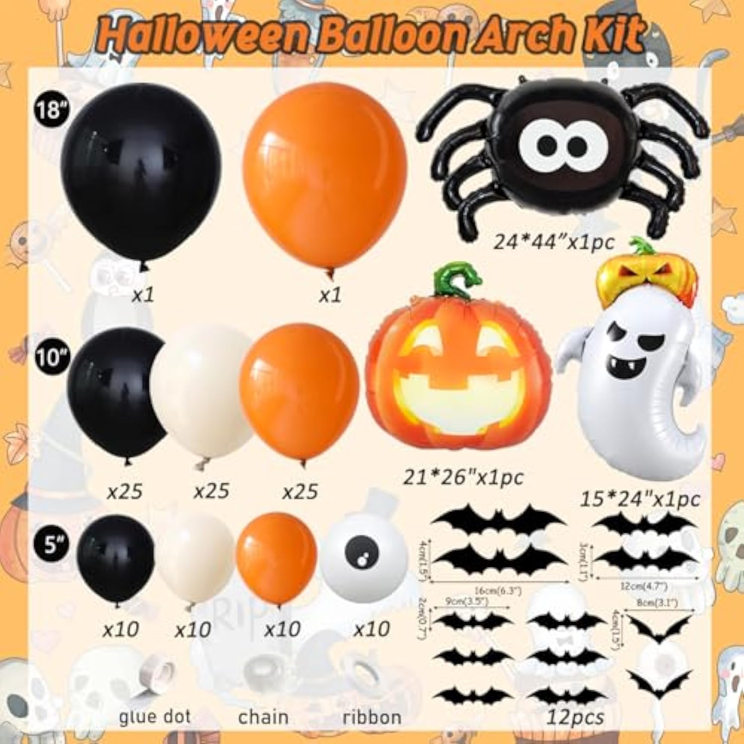 Halloween Balloon Arch Kit – Black Orange White with Spider, Pumpkin & Ghost