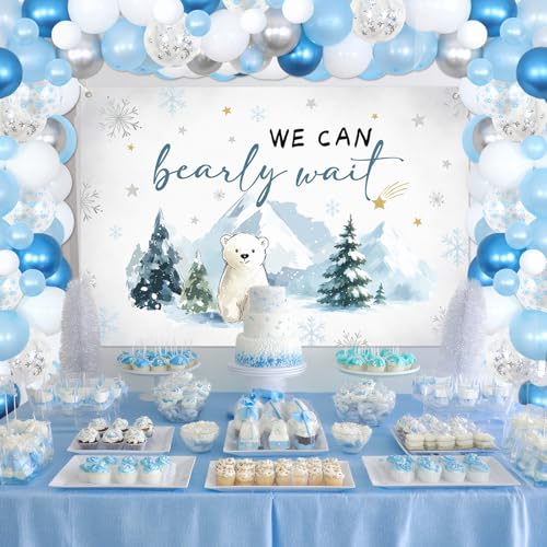 Polar Bear Baby Shower Decorations Polar Bear Theme We Can Bearly Wait Backdrop with Blue White Balloon Garland Arch Kit for Boys Girls Winter Wonderland Baby Shower Supplies