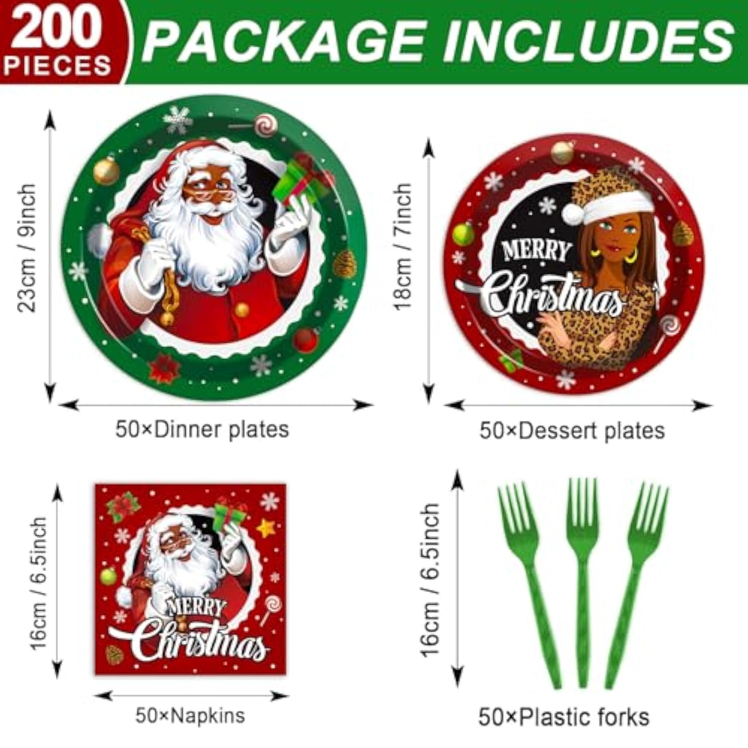 200 Pcs Black Santa Claus Party Plates And Napkins Merry Christmas Party Supplies African American Christmas Tableware Set Holiday Dinner Dessert Decorations For Boys Girls Birthday 50 Guests